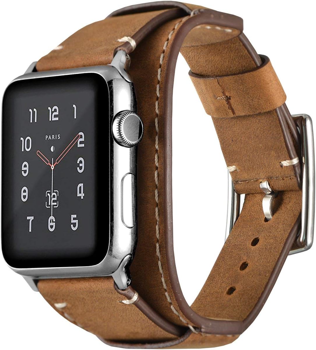 Leotop Compatible with Apple Watch Strap 42mm(Series 10) 41mm 40mm 38mm,Genuine Leather Band Cuff Bracelet with Stainless Steel Buckle Compatible iWatch Series 10/9/8/7/6/5/4/3/2/1 SE SE 2 (Brown) - Image 3