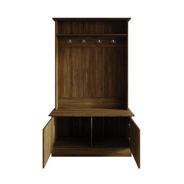 CASTLE PLACE WOODEN HALL TREE WITH BENCH AND STORAGE CABINETS, BROWN