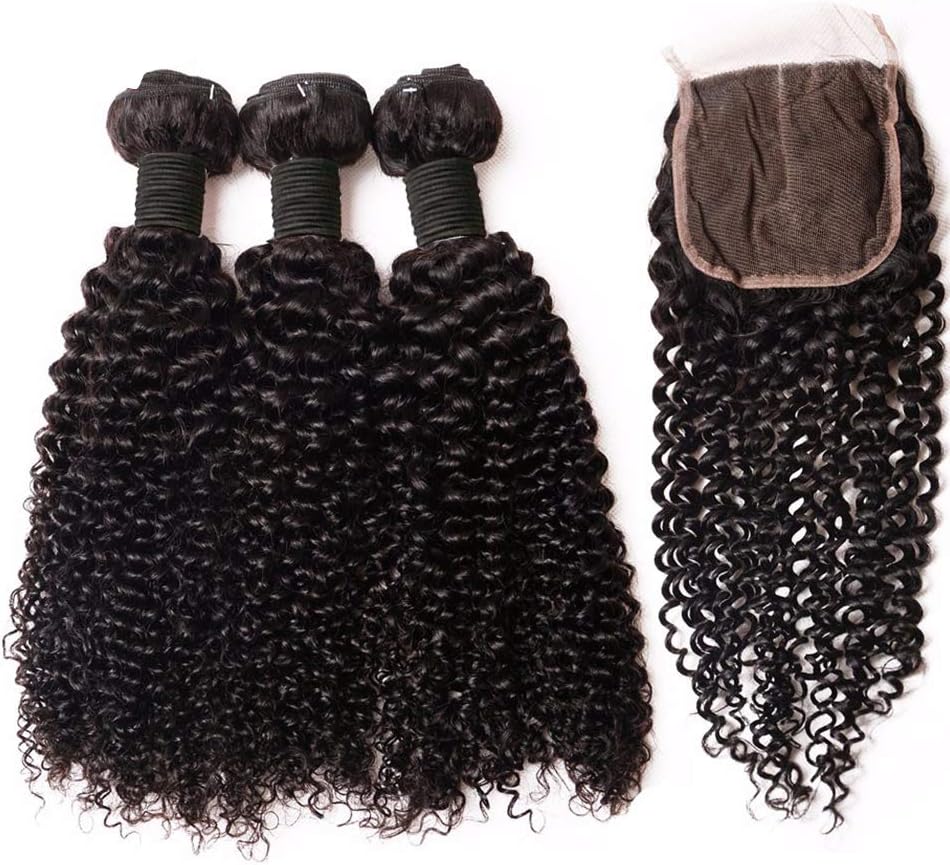 Beautiful 8A Brazilian Hair Bundle Virgin Brazilian Curly Hair Bundles Kinky Curly Human Hair Bundles Natural Black Color (70+/-5g)/pc for Women 14" 14" 14" with 12 Closure