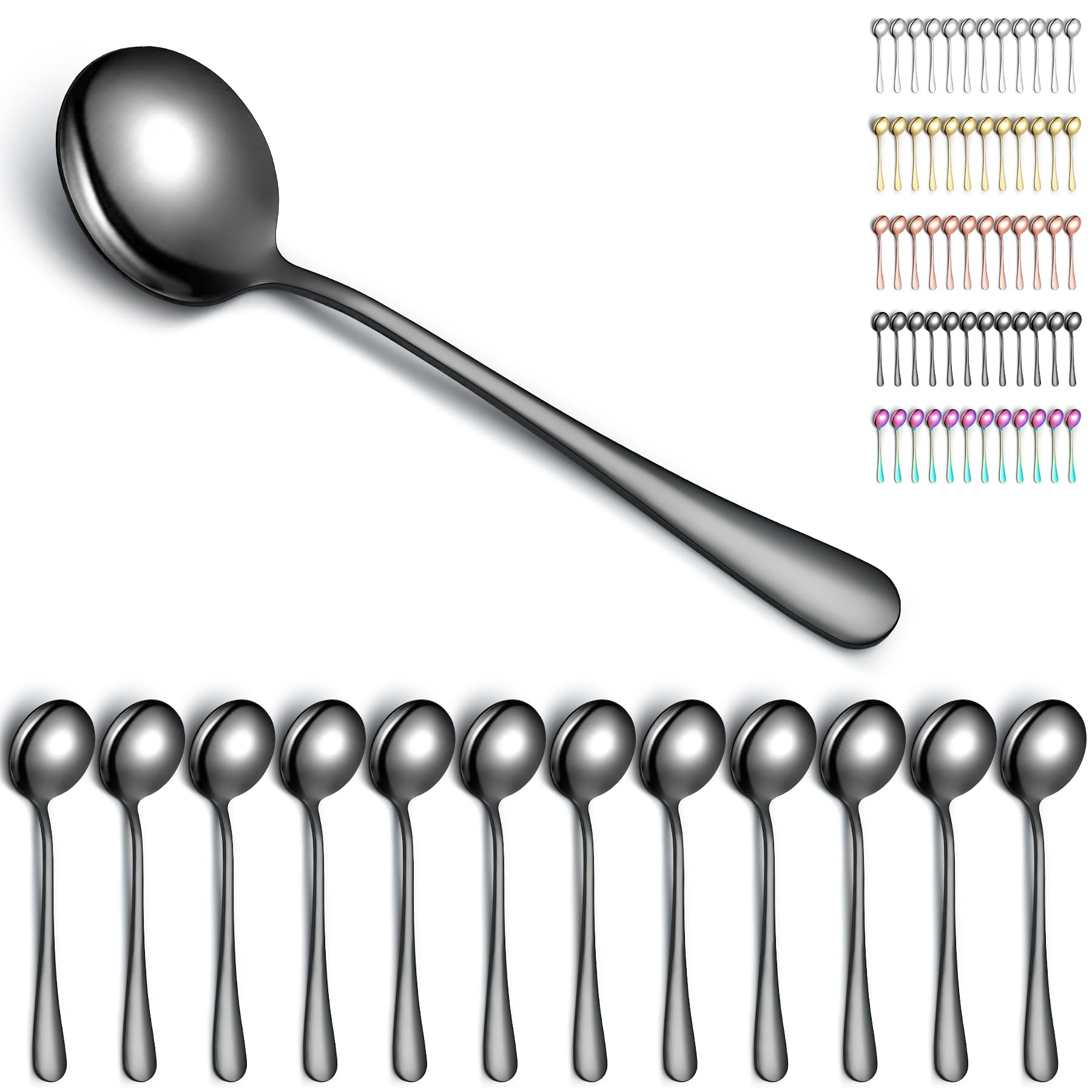 Kyraton Black Soup Spoons 12 Pieces, Stainless Steel Titanium Black Plating Round Stainless Steel Bouillon Spoons, Table Spoons, Dinner Spoons, Dishwasher Safe