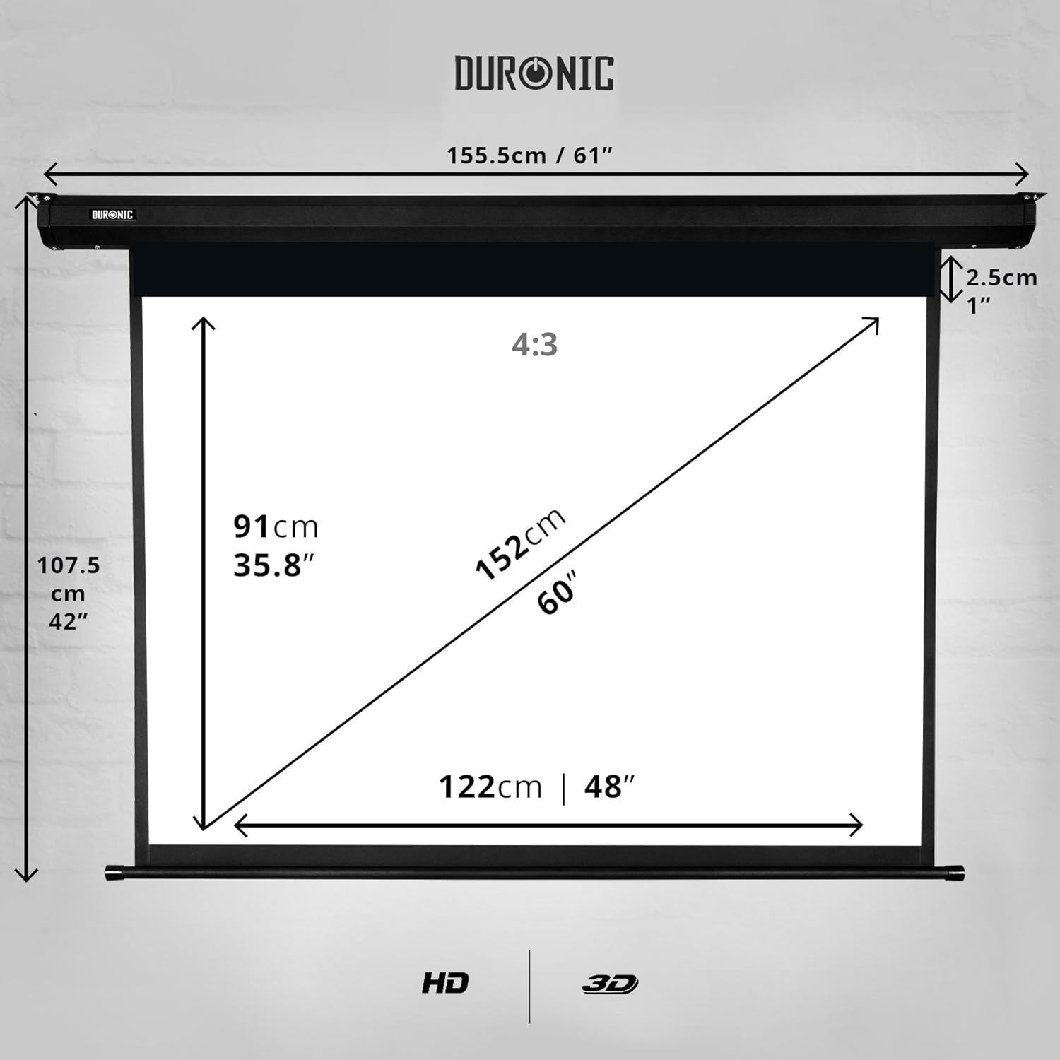Duronic Projector Screen EPS60 /43 Electric Projection Screen 60 Inch for Home Cinema School Office 4:3 Ratio Matt White Wall Ceiling Mountable HD 3D UHD 4K - Image 3