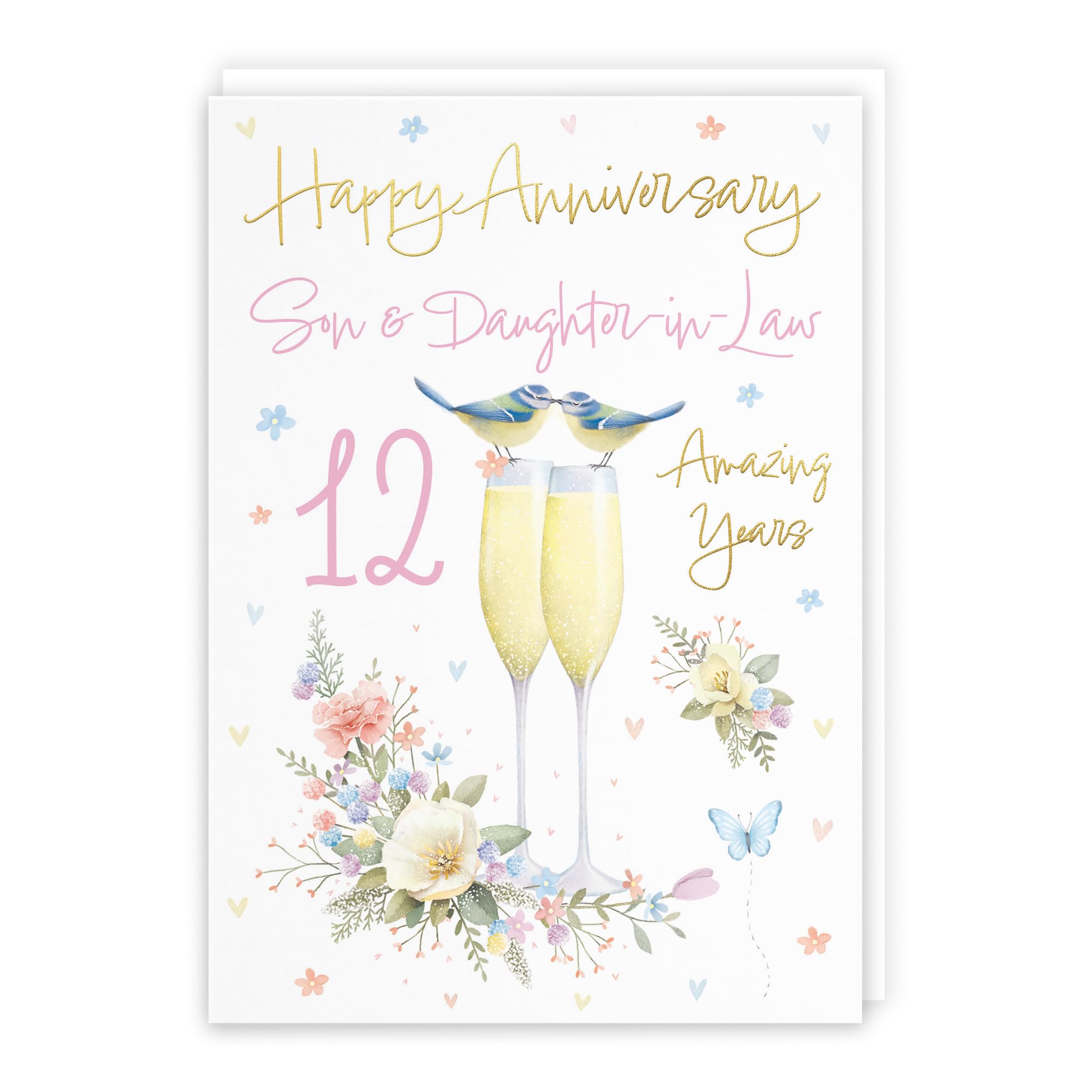 Hunts England - Son And Daughter-in-Law 12th Anniversary Card - A5 Size - Champagne Flutes - Gold Foil - 12th Anniversary Card For Son And Daughter-in-Law - Milo's Gallery