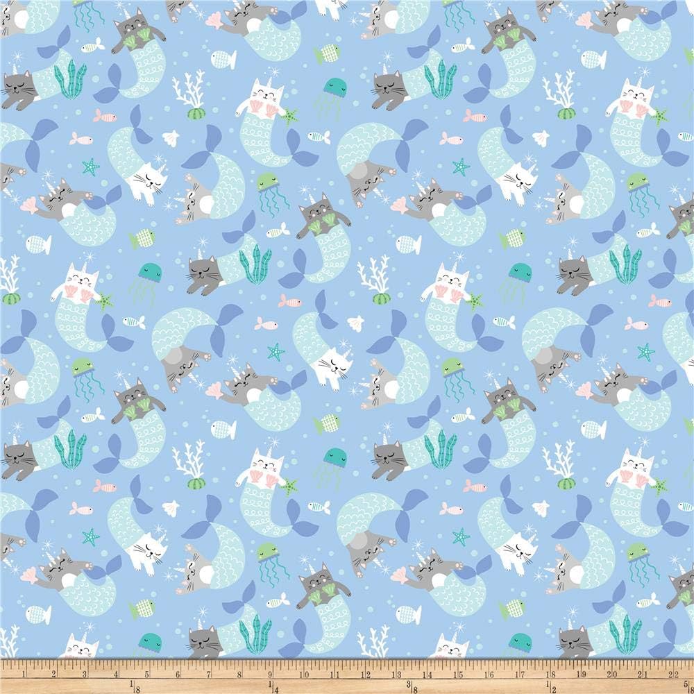 Northcott Mermaid Kitties Mercats Swimming Light Blue, Fabric by the Yard
