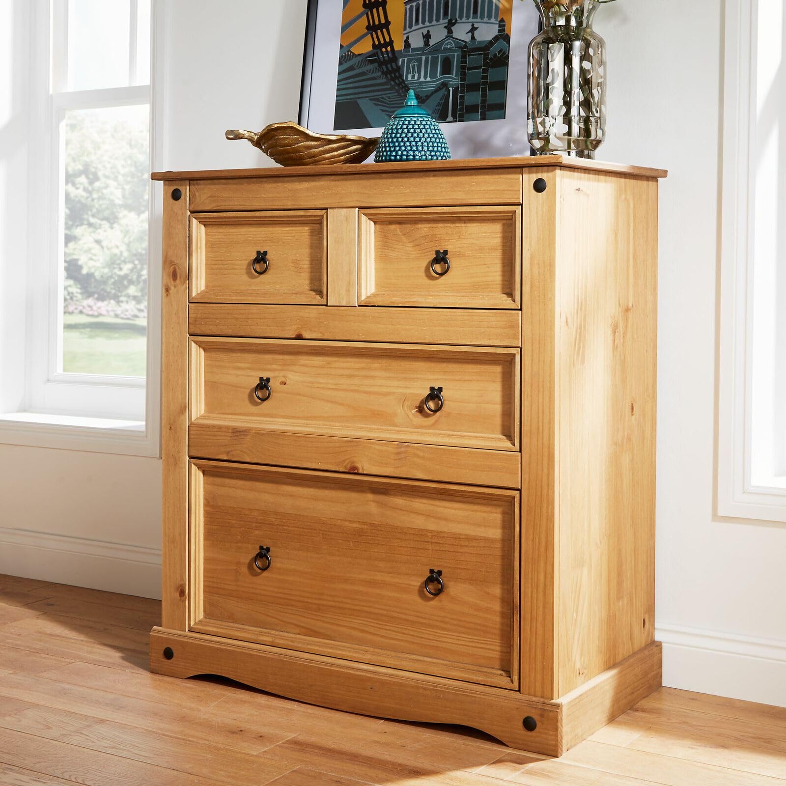 Home Source Solid Pine Wood Chest of 4 Drawers 4 Drawers Storage Cabinet