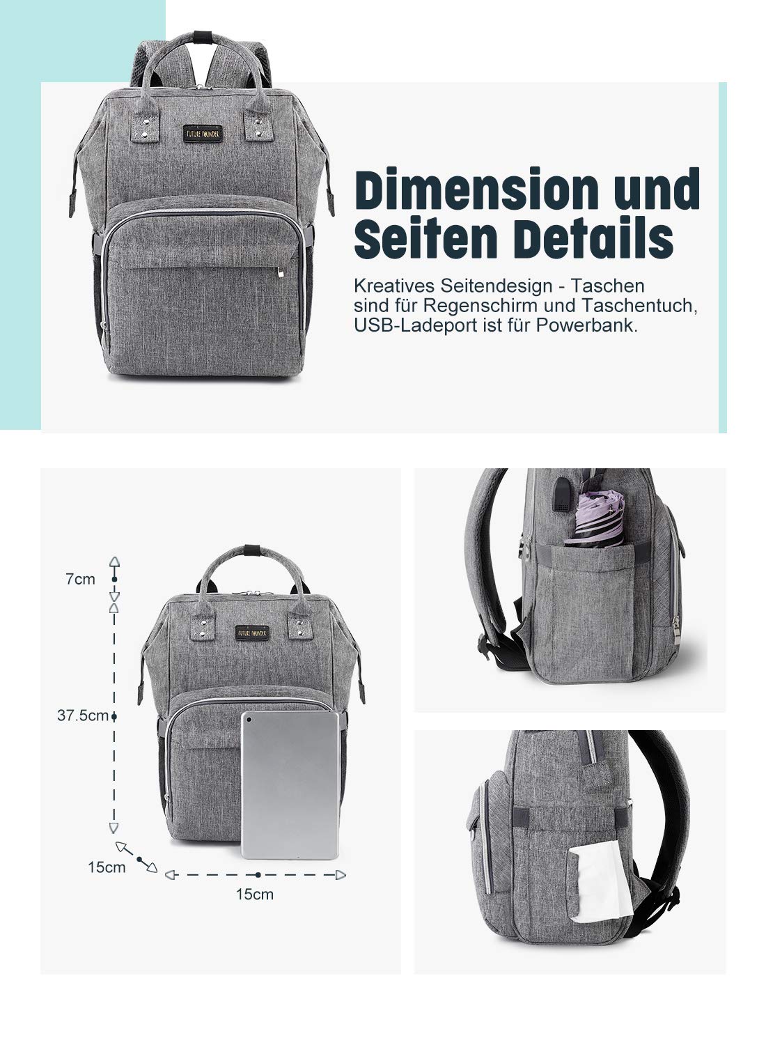 Baby Wickelrucksack Wickeltasche Multifunktional mit USB-Lade Port Oxford Wasserdichte Große Kapazität Babytasche für Reise,Grau