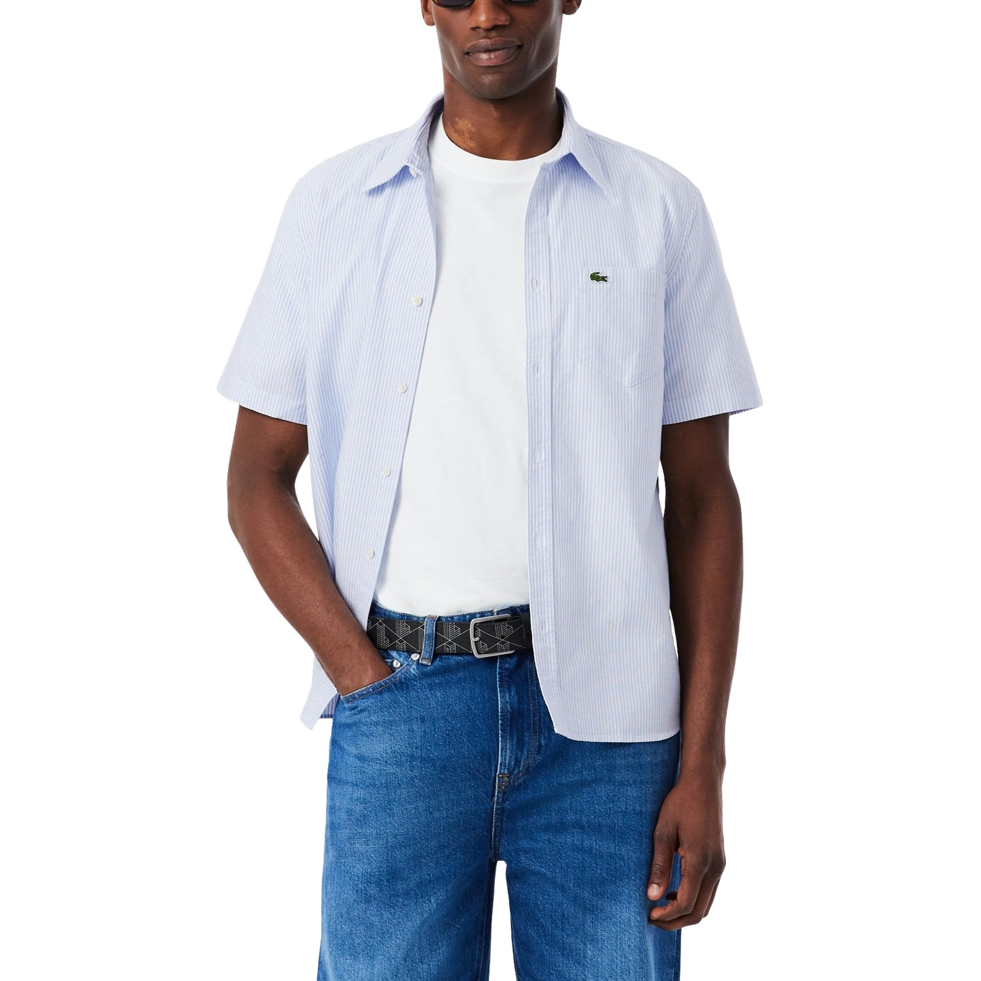 Lacoste Men’s Regular Fit Short Sleeved Oxford Shirt, Overview/White, Large/X-Large