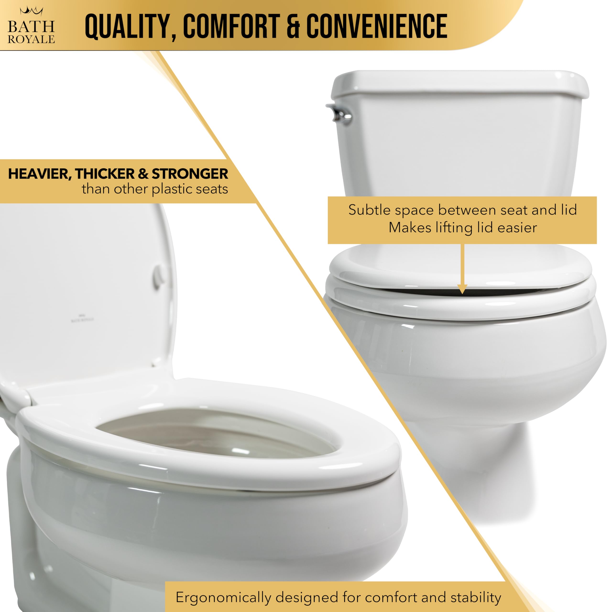 Bath Royale Slow Close Toilet Seat BR501-00 White Elongated, Stain-Resistant and Easy to Keep Clean, Heavy Duty Fits All Toilet Brands, Executive Series