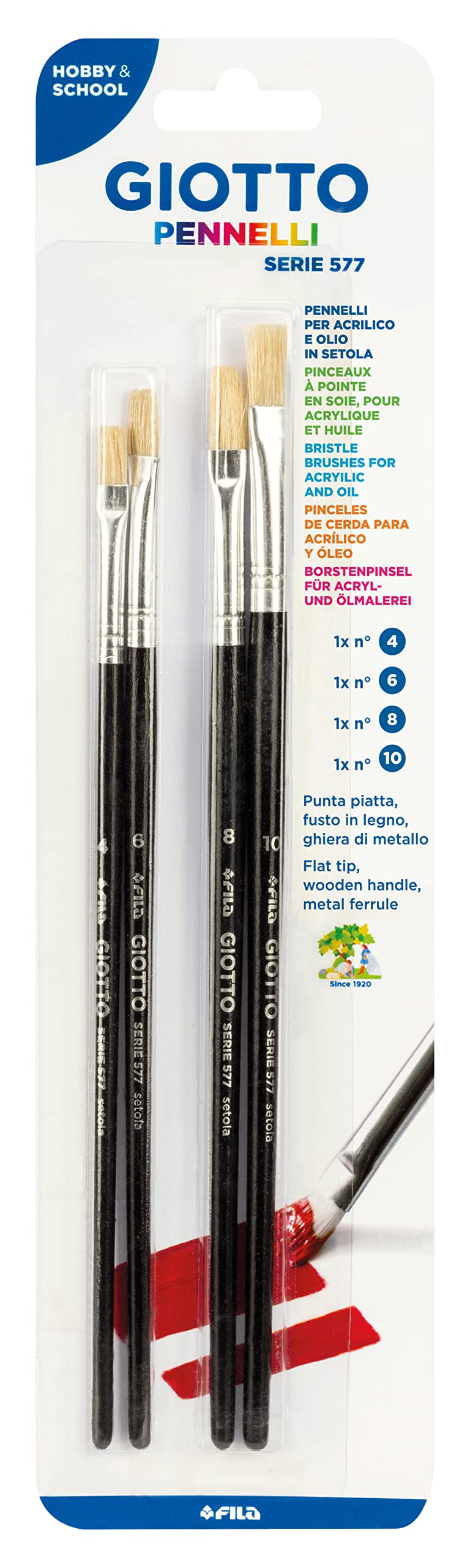GIOTTO Pennelli Brushes Serie 577, Acrylic & Oil Painting, Varnishing, N.4, 6, 8, 10, 4 Assorted Bristle Brushes, For Children and Schools