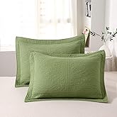 WINLIFE 100% Cotton Quilted Pillow Sham Floral Printed Pillow Cover (Standard, Olive Green)