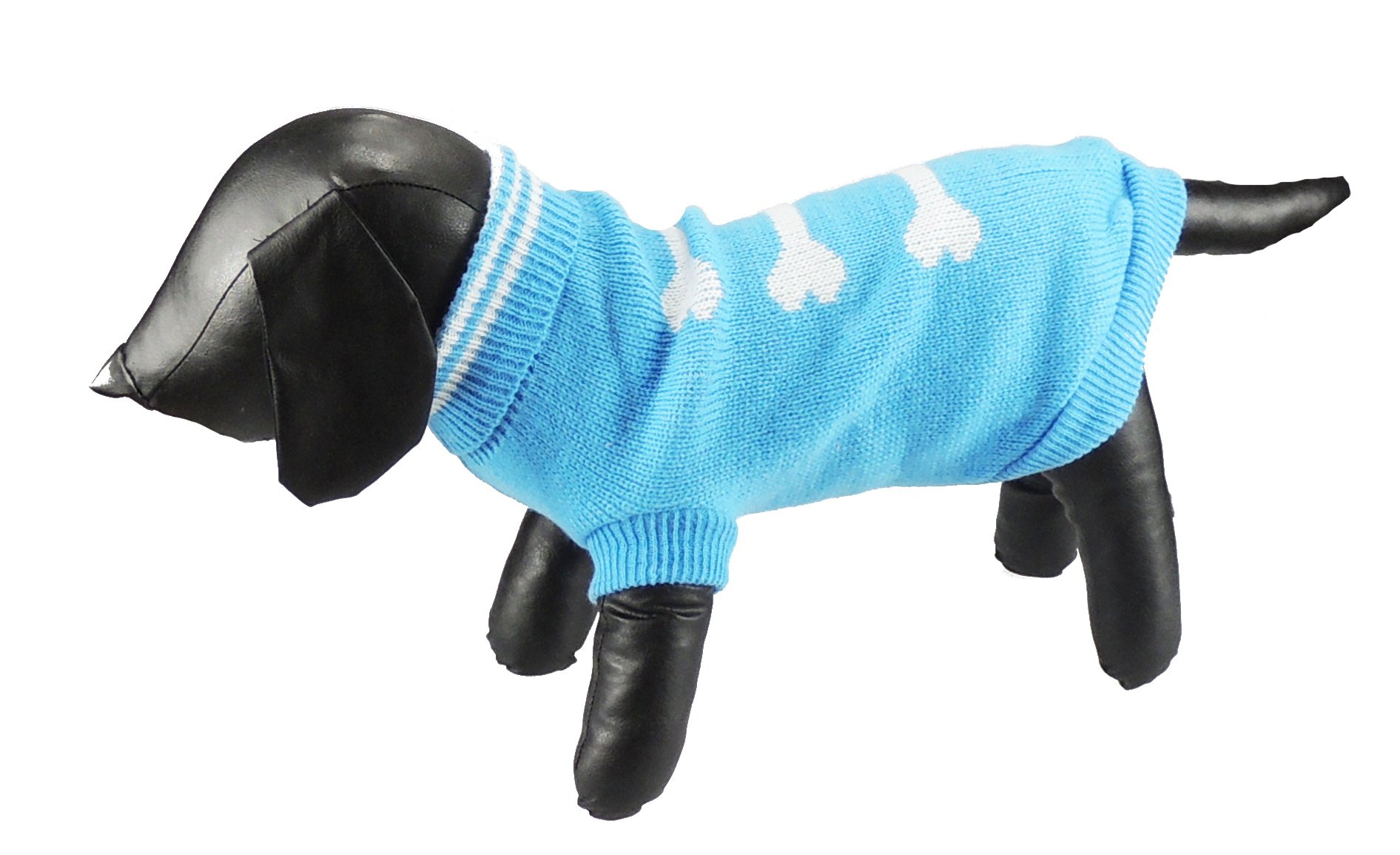 Cute Funny SMALL DOG ONLY Doggy Puppy Kitten Outfit Warm Everyday Walking Winter Girl Jumper Coat Clothes Hoodies Costume Ideas Pullover Wooly Knitted Sweater Apparel Baby Blue White Bones (XL)