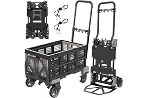 FRMZBWK 2-in-1 Folding Hand Truck with Folding Basket, 330LBS Capacity Heavy Duty Dolly with Retractable Handle, 4 Wheels and 2 Wheels Convertible Dolly Cart, Utility Luggage Cart with 2 Elastic Ropes