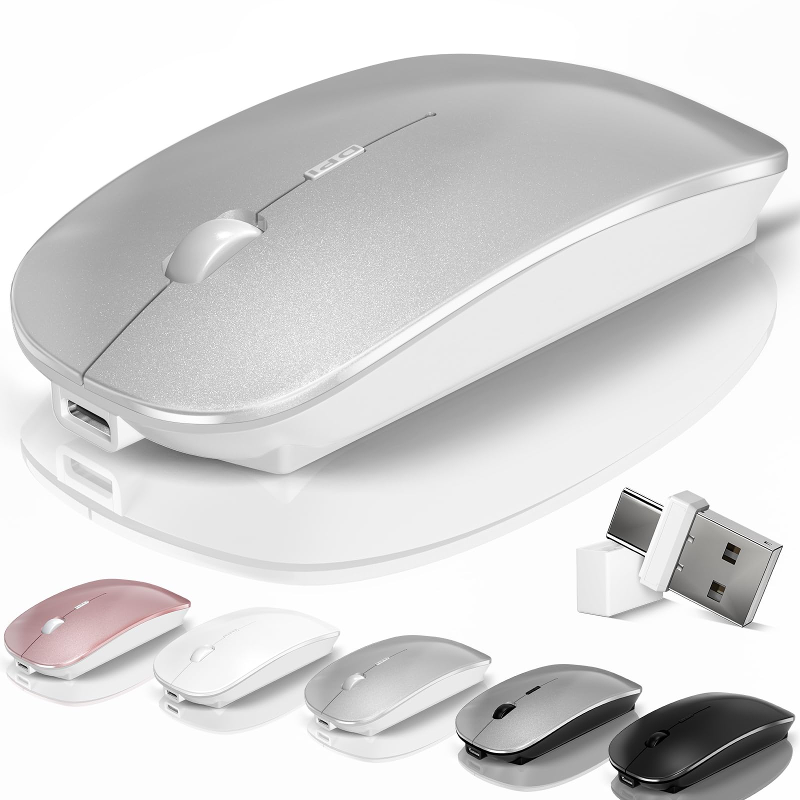 Photo 1 of 1PC Kovess Mouse for Laptop Wireless Bluetooth - MacBook Air Mac Pro PC iPad Optical Rechargeable Silent Mouse with Jiggler Dual Mode Switch Bluetooth 5.2/3.0 and 2.4GHz USB-A and Type-C Receiver Silvery