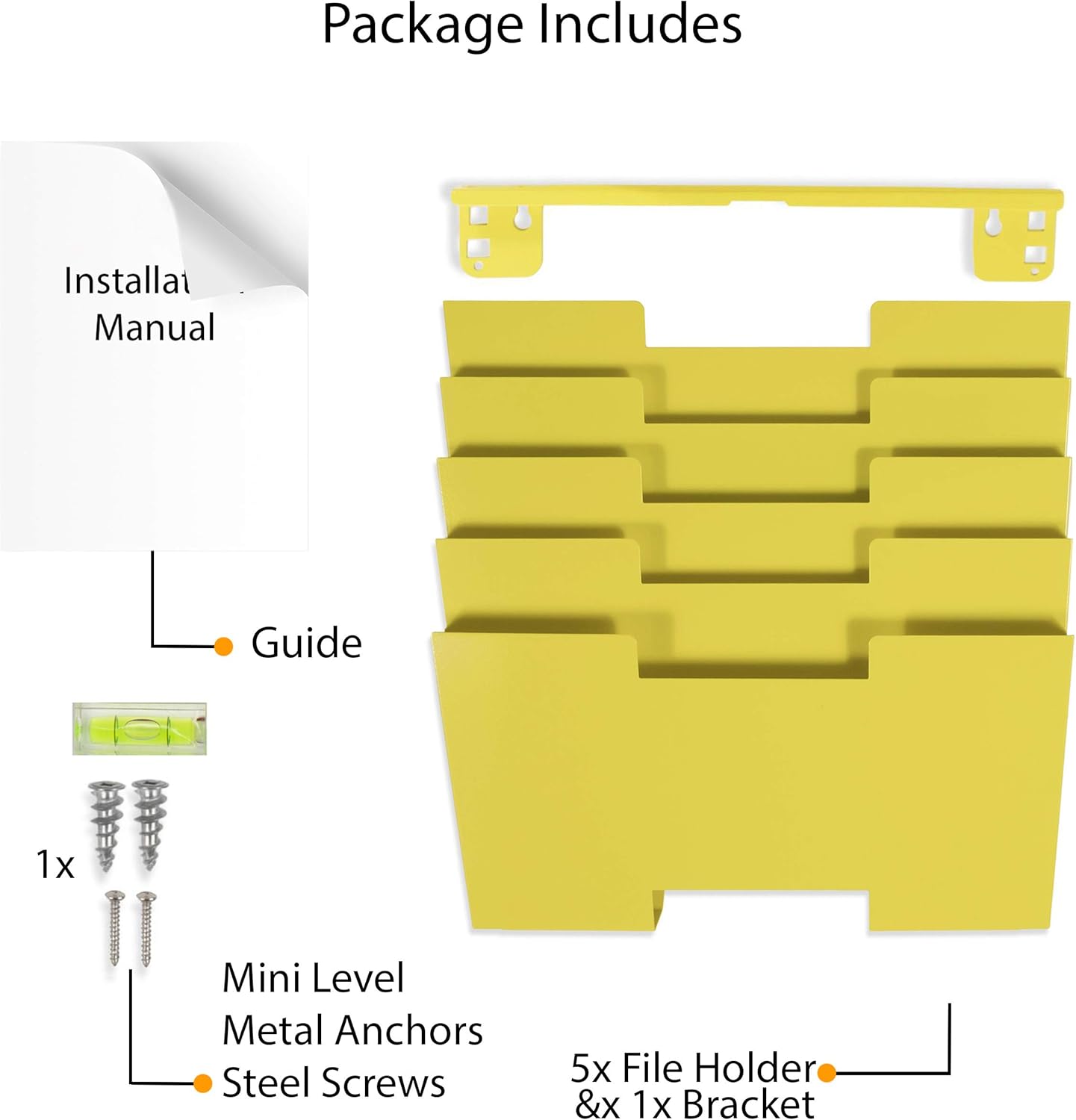 Wallniture Lisbon Metal Wall File Holder Organizer, 5-Tier Yellow Office Decor and Magazine Holder, File Folders Letter Size : Office Products