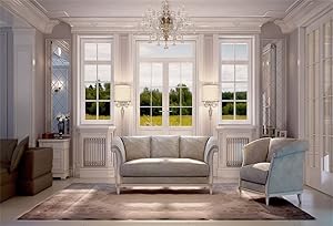 CSFOTO 7x5ft Interior Design Backdrop Interior Room Decoration Photography Background Classic Design Sofa Carpet Crystal Chandelier Window Home House Decoration Adults Photo Studio Props Wallpaper