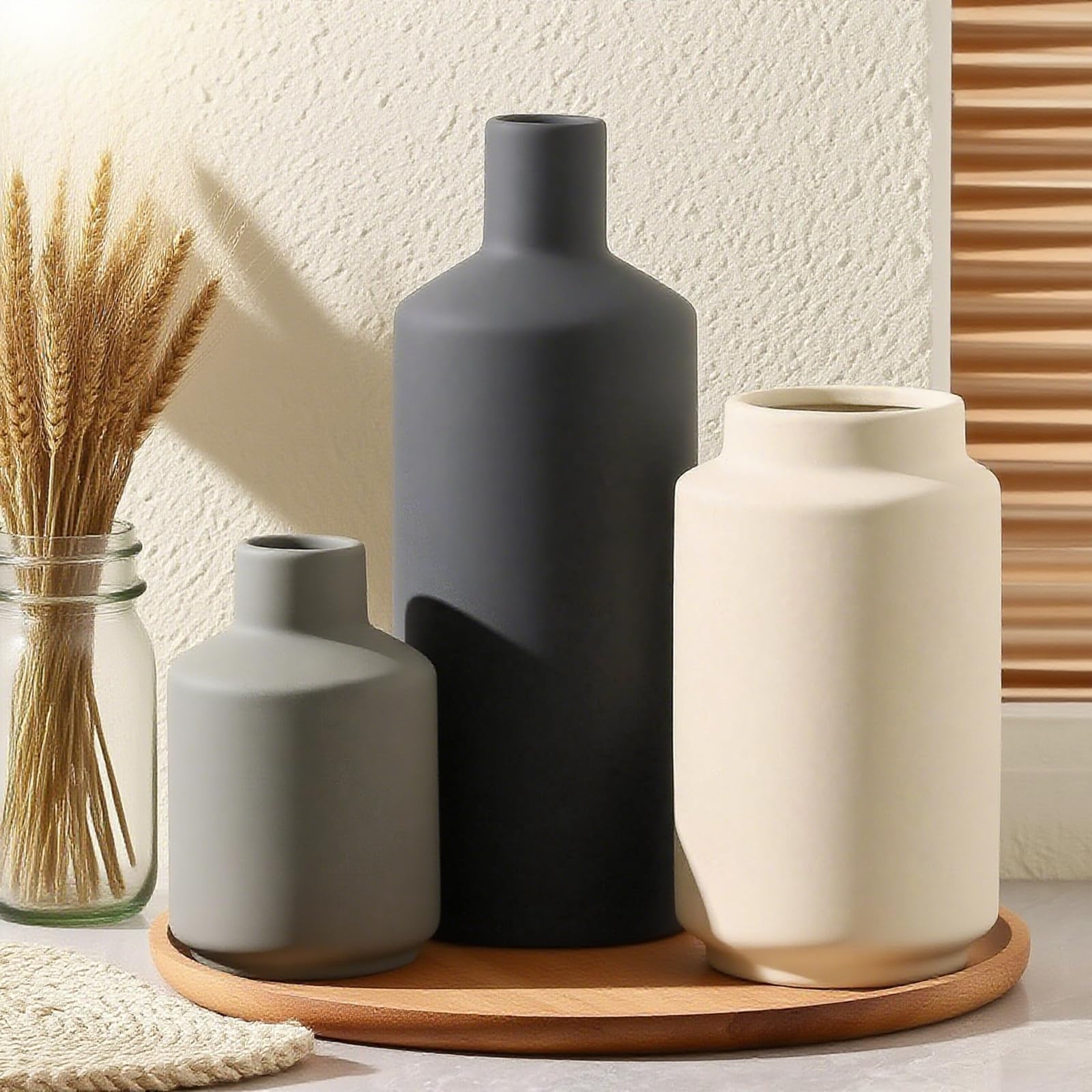 Photo 1 of Textured Ceramic Vase Set of 3, Neutral Modern Farmhouse Decor for Pampas Grass Dried Flowers, Neutral Beige & Gray Pottery Vases for Living Room, Mantel, Shelf, Bedroom, Bathroom