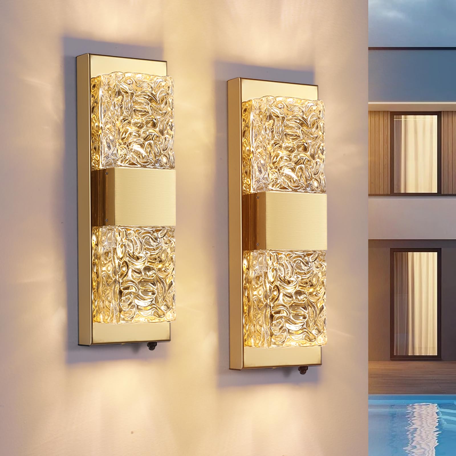 Photo 1 of HITOO Dusk to Dawn Outdoor Lighting Fixture Wall Mounted - 14.2'' Waterproof Wall Sconce with 12W LED Bulbs Crystal Modern Outside Wall Lamp for Hallway Doorway Porch Patio Backyard, Gold, 2PCS