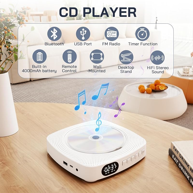Lettore CD portatile WDV04 per casa e outdoor, Bluetooth con altoparlanti, batteria ricaricabile 4000 mAh, radio FM, USB, telecomando, montaggio a parete e supporto da tavolo