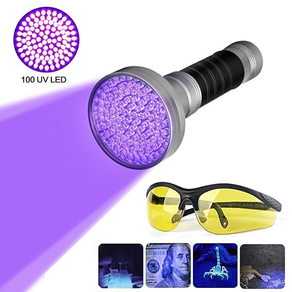 uvistare 100 UV LED Ultraviolett Schwarzlicht Stain Detektor mit UV Schutzbrille für Skorpion Haustier Hund und Katze Diagnos