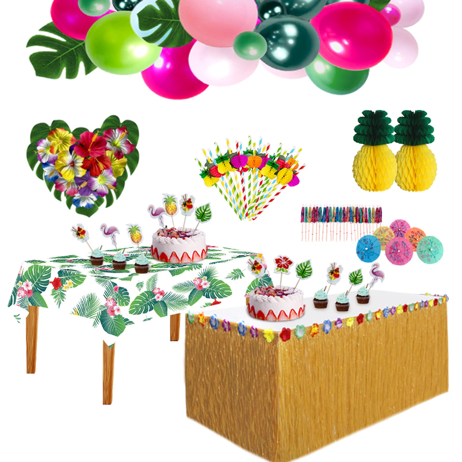 HBell 129pcs Hawaiian Tropical Party Decoration Set with Luau Table Skirt Tablecloths,Hawaii Flowers Decorate Balloons,3D Paper Straws Pineapples and Palm Leaves for Jungle Garden Beach Summer Party