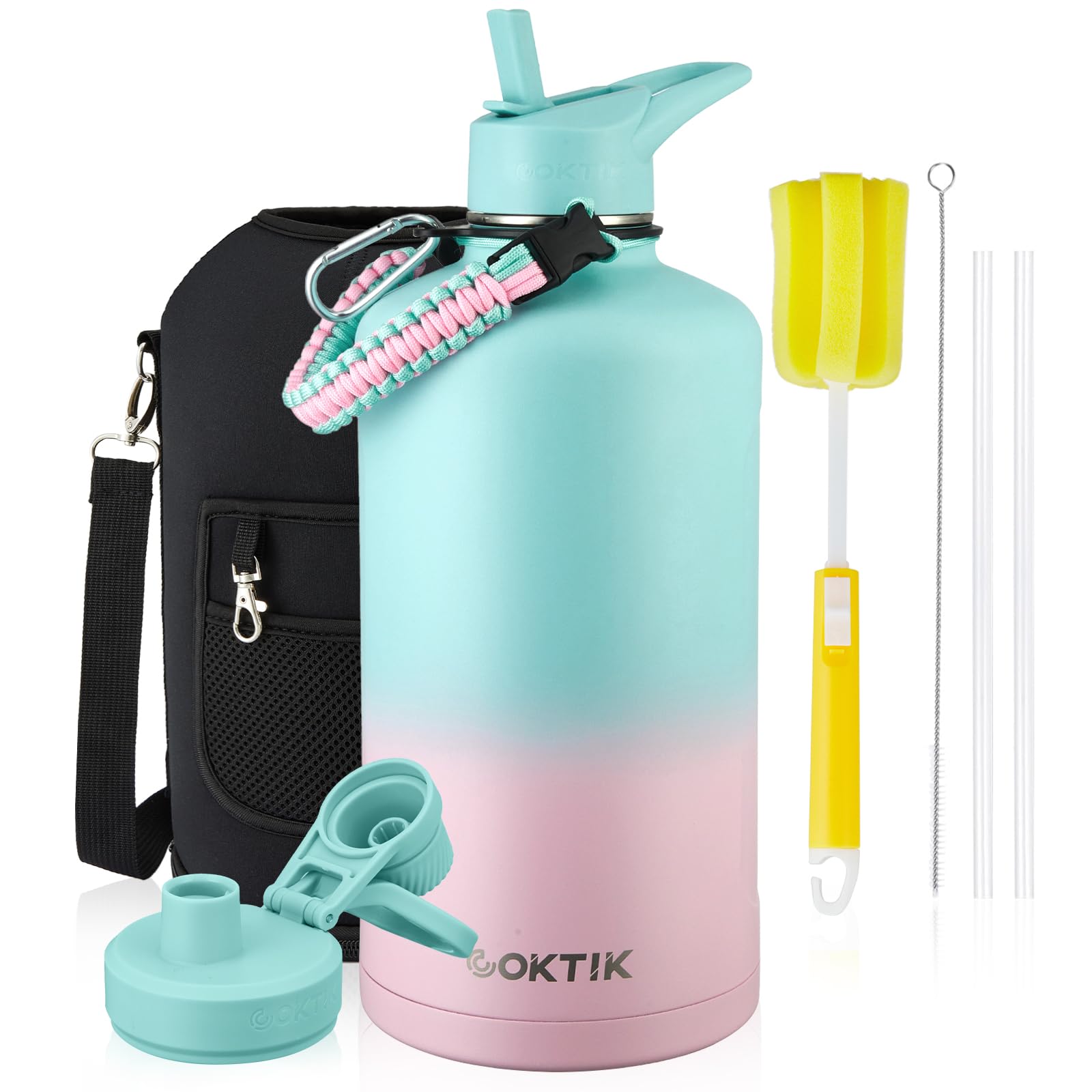 Photo 1 of COKTIK 128 oz Insulated Water Bottle, Triple Wall Stainless Steel Flask, Keeps Drinks Cold for 48 Hrs Leak-Proof & BPA-Free Half Gallon Jug with Paracord Handle, Straw & Spout Lids(Bubble Gum)