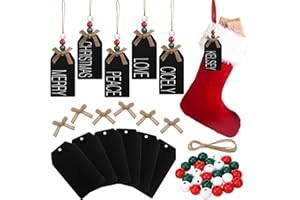 Junkin 12 Set Christmas Stocking Name Tags DIY Name Sign Christmas Ornaments Including Chalkboard Tags Wood Beads and Bow for