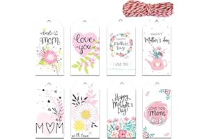 Doumeny 120Pcs 8 Style Mother's Day Paper Gift Tags Happy Mother's Day Hanging Labels Floral Love You Mom Best Mom Label Tags with 65.6 Feet Twines for DIY Crafts Mother Party Birthday Gift Wrapping