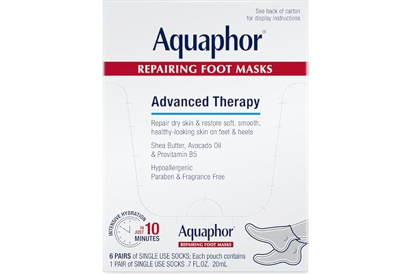 Aquaphor Repairing Foot Masks, Moisturizing Socks for Dry Feet, Hydrating Foot Care Treatment with Avocado Oil and Shea Butter, Pack of 6