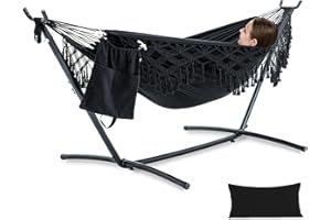 PNAEUT Handmade Tassel Hammocks, Double Hammock with Stand for Outside Indoor Outdoor, Max 450 lbs Capacity, Pillow & Storage Bag Included (Black)
