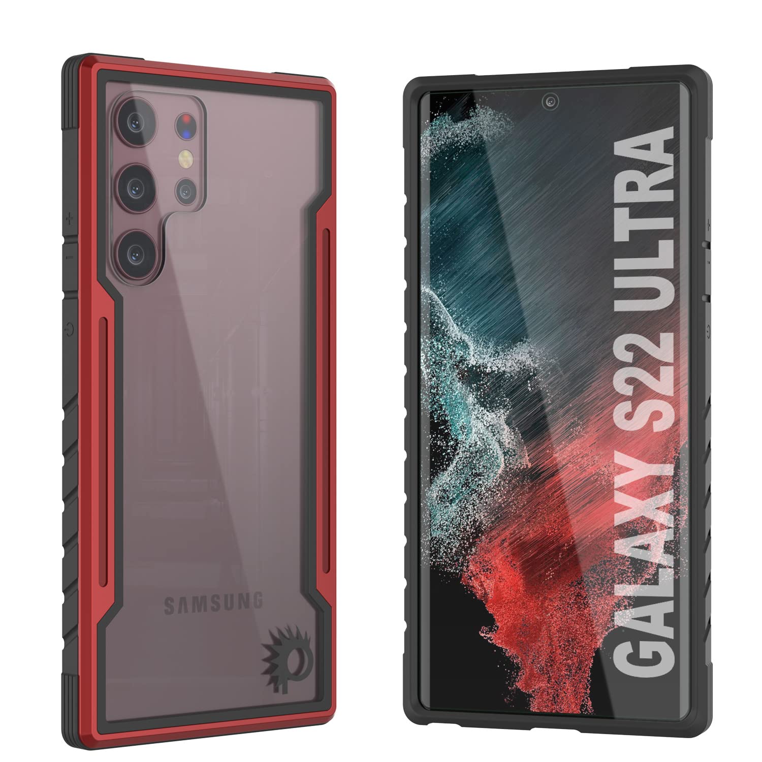 Punkcase Galaxy S22 Ultra Case [Ravenger Defense Series] Protective Military Grade Multilayer Cover W/Aluminum Frame [Clear Back] Ultimate Drop Protection for your S22 Ultra 5G (6.8") (2022) (Red)
