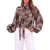 Dokotoo Womens Oversized Mesh Tops Floral Tie Neck Pleated Chiffon Blouses | Sexy,Long Sleeve,Flower Print,Dressy Casual,Mock Neck,Semi Sheer,Summer,Fall,Work Outfits,Flowy,Boho,Babydoll