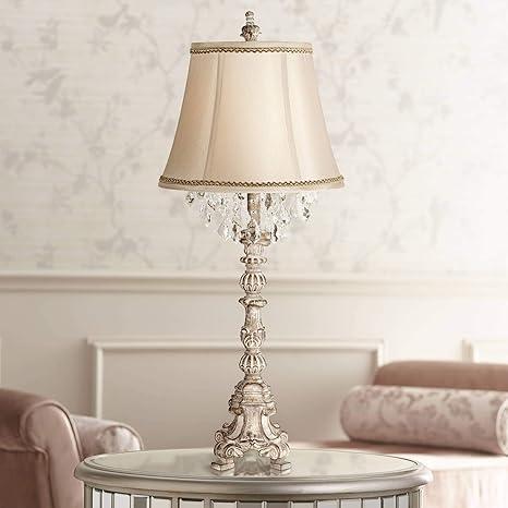 Duval French Traditional Table Lamp Candlestick Vintage Whitewash Crystal Beading Artisan Trimmed Cream Bell Shade For Living Room Bedroom Bedside