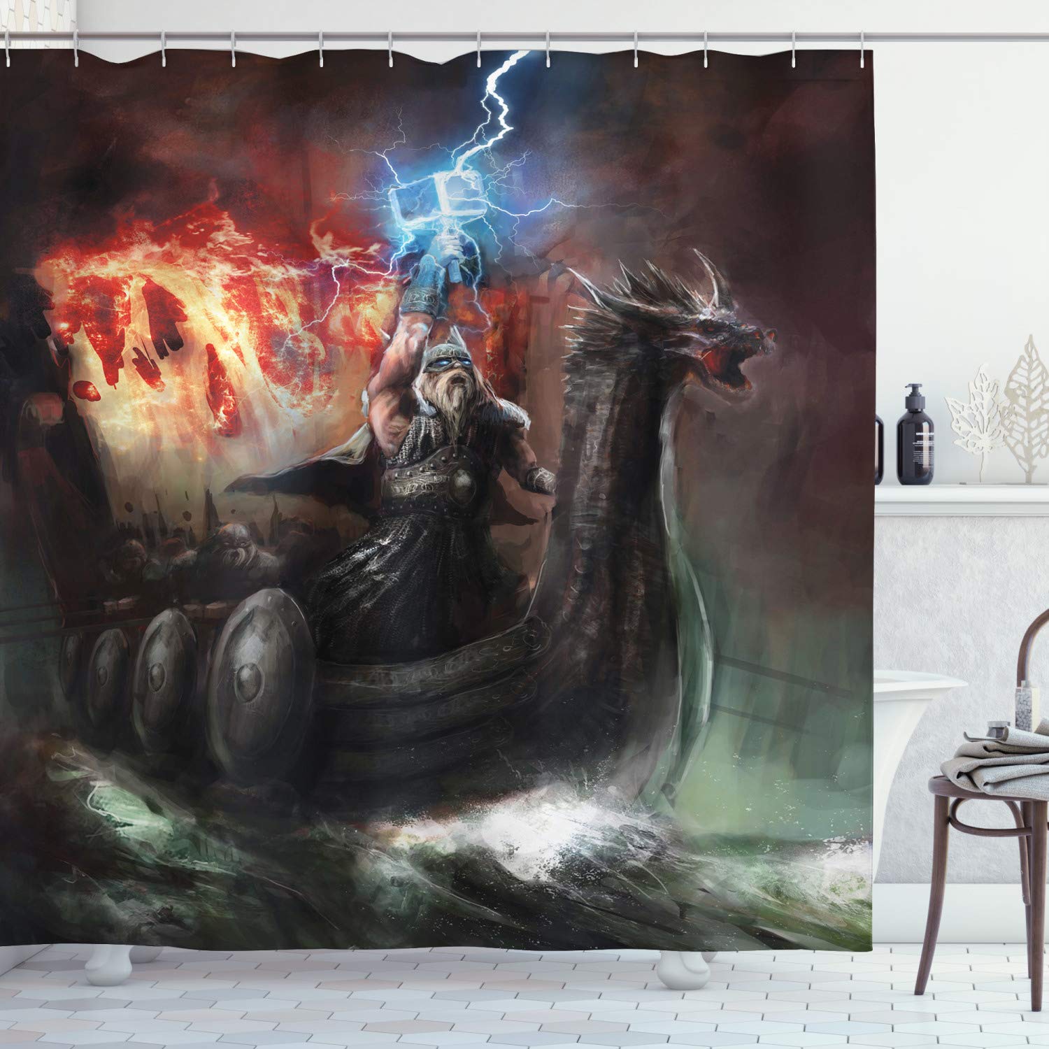 ABAKUHAUS Dragon Shower Curtain, Imaginary Wrath of Vikings Royal Boat Animal Head Storm Rays, Cloth Fabric Bathroom Decor Set with Hooks, 70 Inches, Multicolor