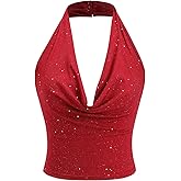 SOLY HUX Women's Halter Top Sparkly Sexy Backless Party Crop Tops Club Rave Festival Outfits Black