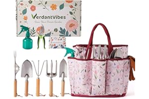 VerdantVibes Gardening Tools Set - 10 Piece Stainless Steel Garden Tools with Wood Handle, Pruners & Romantic Pink Floral Tot