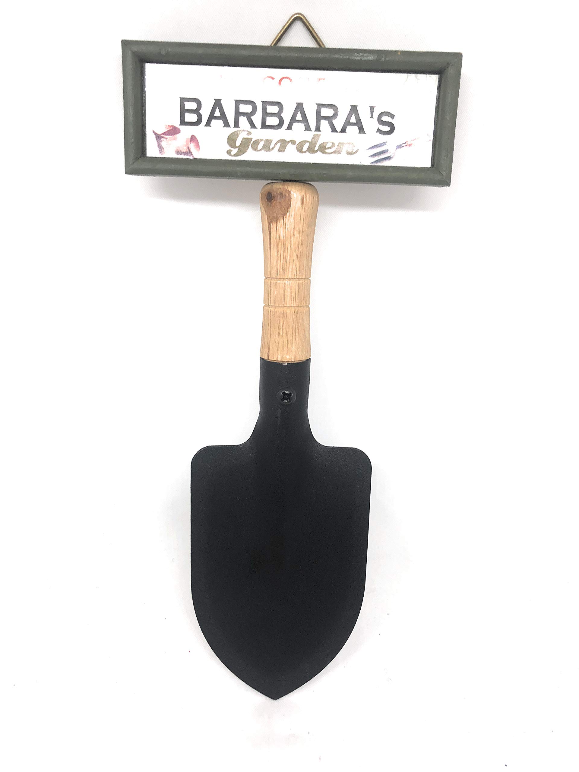 "Welcome to Barbara's garden" hanging shovel sign