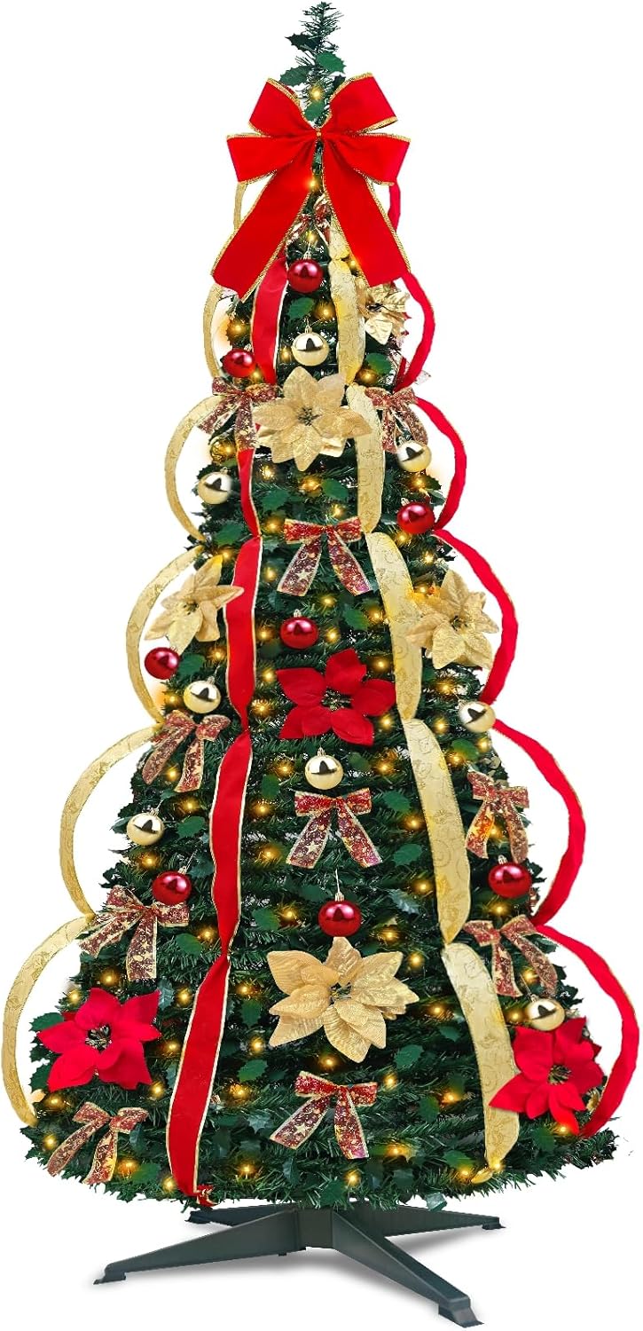 Trees - 6.5 Ft Prelit Full Christmas Tree Decor Pop up Xmas Tree 250 Warm Lights,36 Ornaments,Red&Gold Ribbon,18 Flowers,26 Bows,UL Plug Powered,Fire-Resistant Collapsible Outdoor Indoor Holiday Party Decor