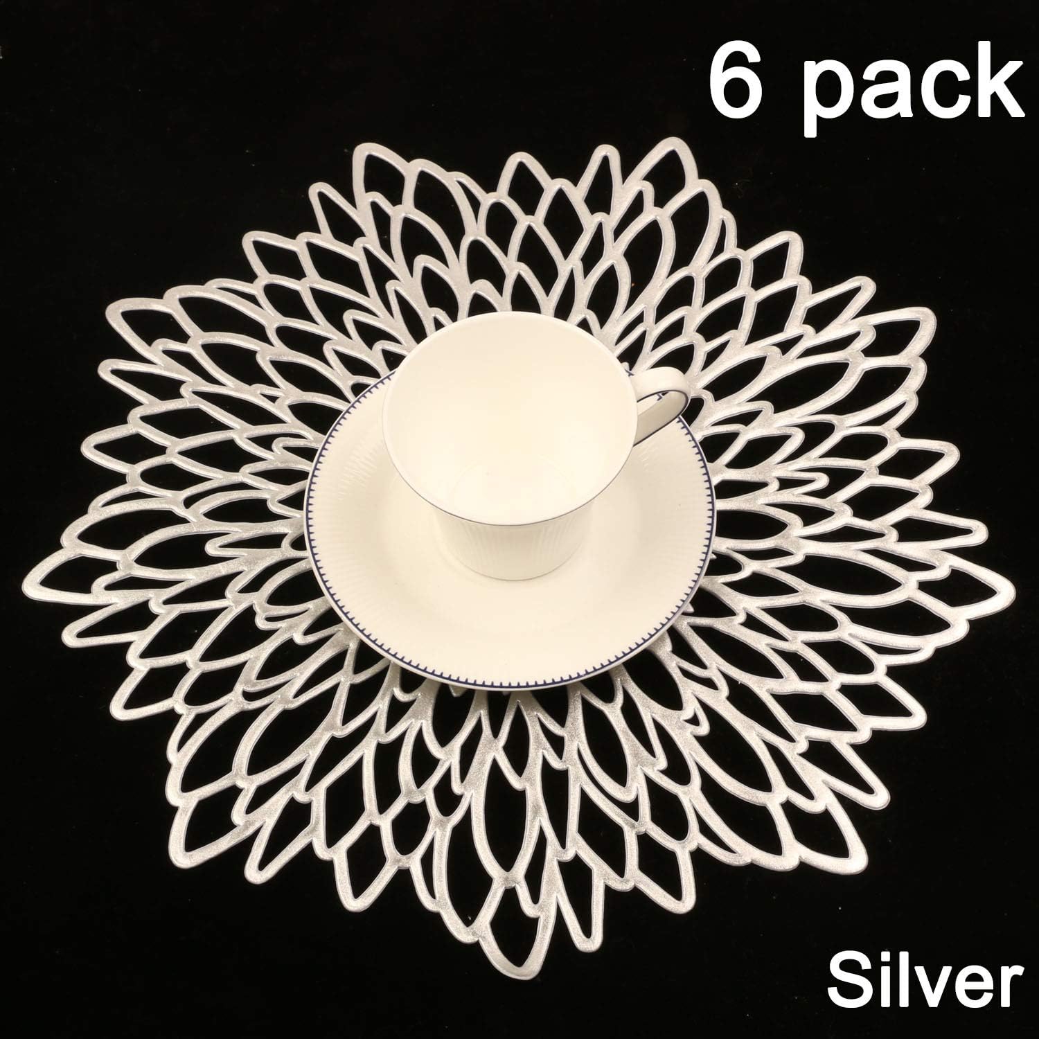 Silver Place Mats Set of 6 Pressed Vinyl Metallic Placemats