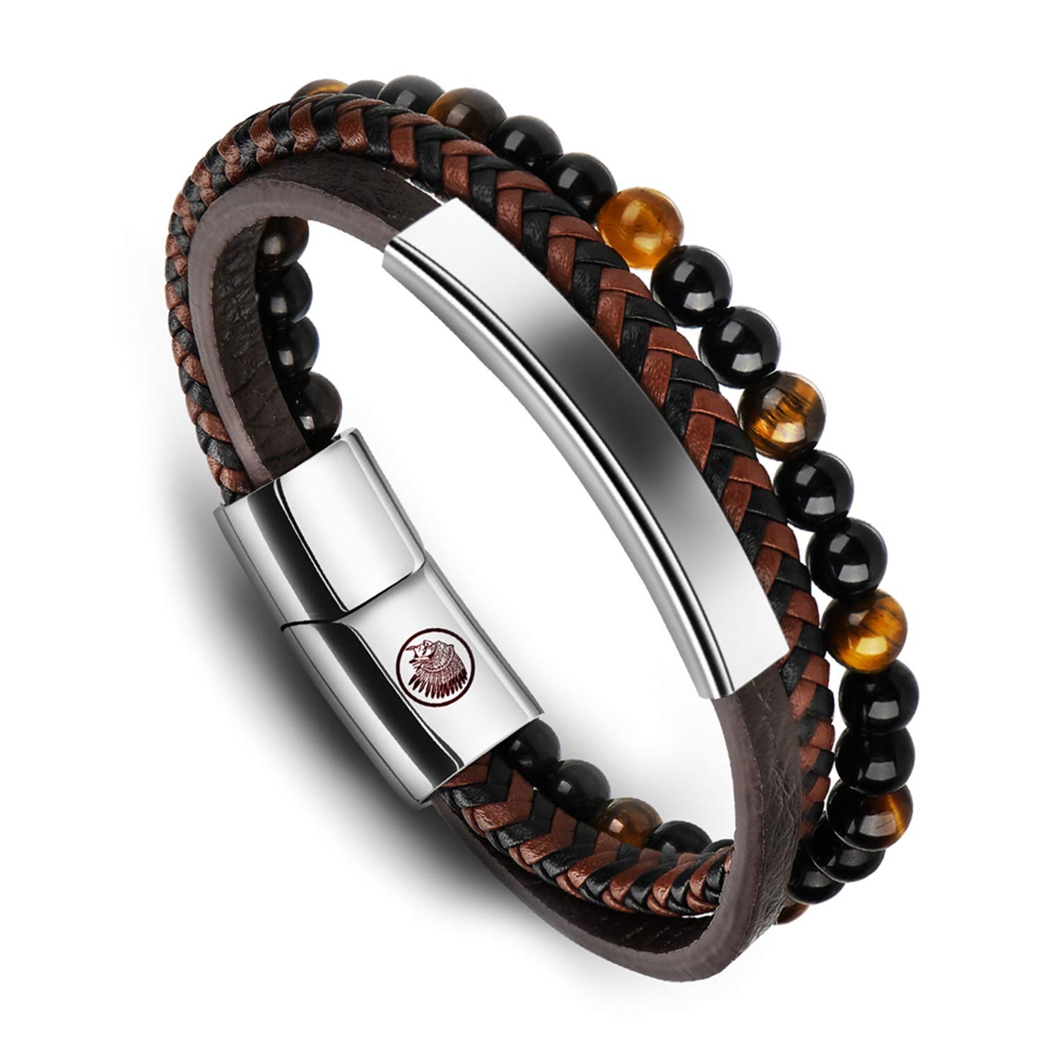 Casisto.J Mens Leather Bracelet – Classic Handmade Braided Black & Brown Cuff Bracelet with Engraved Magnetic Clasp Free Jewelry Gift Boxed — image 1