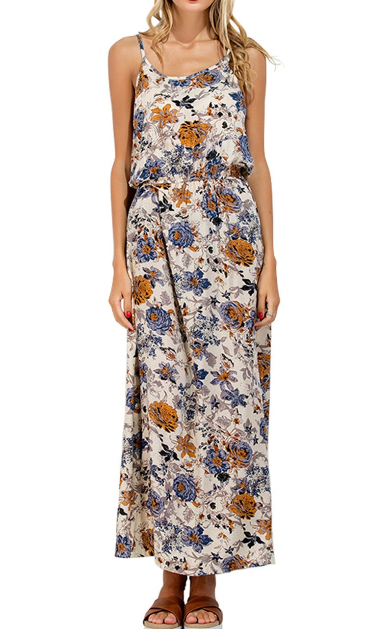 CHIC DIARY Women\'s Spaghetti Strap Bohemian Floral Print Maxi Dress Sundress (M, 1 Print on Apricot Background)