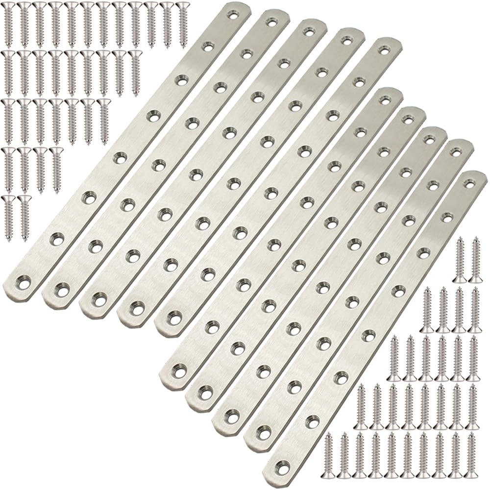 Photo 1 of 12" Flat Mending Plate 10Pcs Flat Straight Braces Stainless Steel Straight Brackets, Repair Fixing Bracket Connector, Mending Joining Plates with Screws, Silver