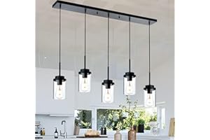 BONLICHT Farmhouse Chandelier for Dining Room, Modern Industrial Foyer Linear Pendant Light Traditional Black Kitchen Island Lighting Fixture Hanging Ceiling Lights with Clear Glass Shade