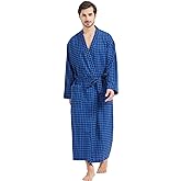FashGudim Mens Buffalo Plaid 100% Cotton Flannel Shawl Collar Robe Lightweight Full Length Bathrobe Loungewear House Robes