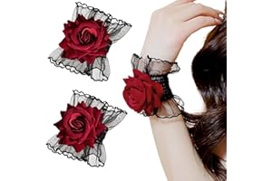 LUNROUG Gothic Rose Lace Gloves Lolita Hand Sleeve Black Lace Elastic Bracelet Wine Red Flower Wrist Cuff Dress Accessories for Women Girls Wedding Halloween Prom Costume Accessories 1 Pair