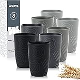 Wrova Wheat Straw Cups 16oz Tumbler Set of 8 with Etched Pattern - Alternative Plastic Cups Dishwasher Safe - Plastic Drinking Cups Unbreakable for Kids - Black to Grey