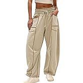 Freyhem Womens Slouchy Barrel Sweatpants Mid Waisted Wide Leg Pants Drawstring Athletic Baggy Pants Lounge Sweats