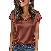 Zeagoo Women Silk Satin Tops Cap Short Sleeve Blouse V Neck Shirts Business Casual Outfits S-2XL
