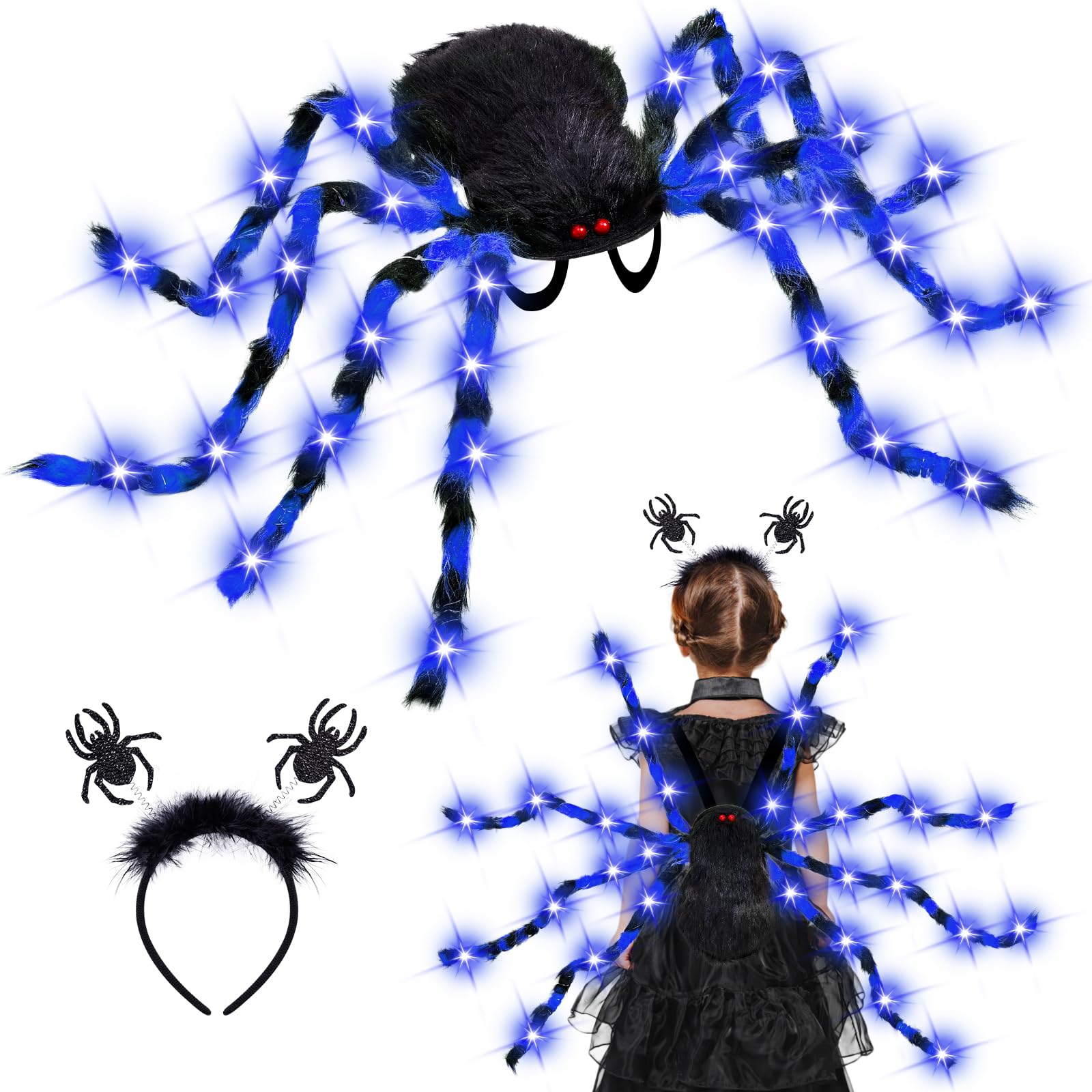 Photo 1 of Garma Halloween Giant Spider Costume Set, 60 LED Blue Light-Up Spider Backpack with Spider Headband, Scary Plush Costume for Kids Halloween Party, Trick or Treating, Cosplay Decorations