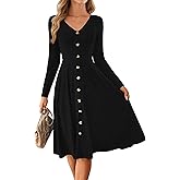 Lazysmile Long Sleeve Fall Winter Dresses for Women V Neck Button Down A Line Swing Casual Knit Sweater Dress