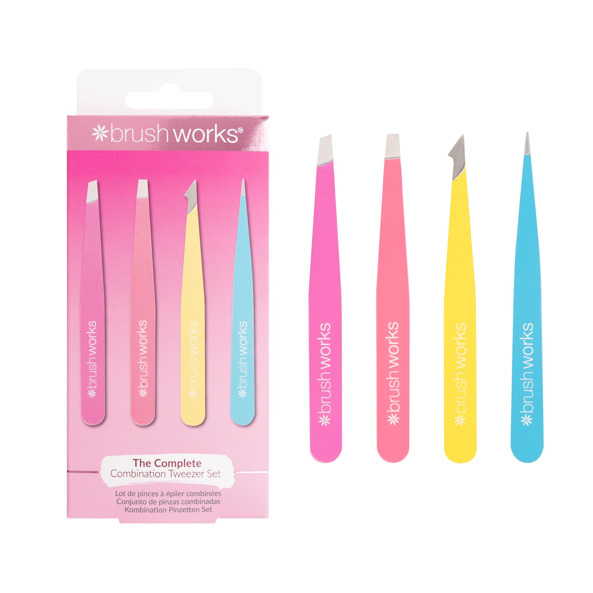 Brushworks HD 4 Piece Combination Tweezer Set - Neon