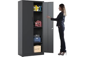 BIZOEIRON Metal Storage Cabinet with Adjustable Shelves, Garage Tool Cabinet with 2 Lockable Doors for Office, Home, Garage, Require Assembly, Black